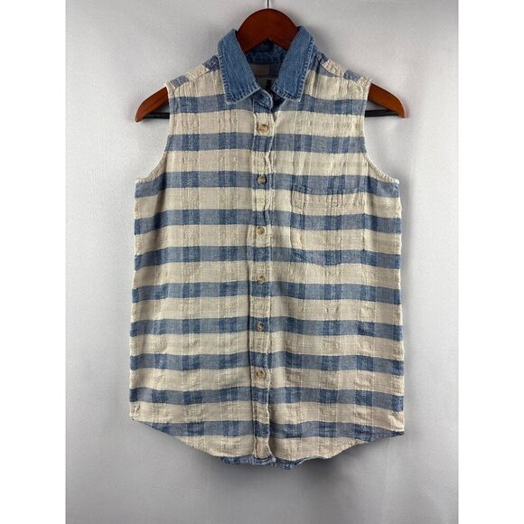 Purrfect By Krazi Kat Womens Medium Sleeveless Blue & White Plaid Button Down To - Picture 1 of 6